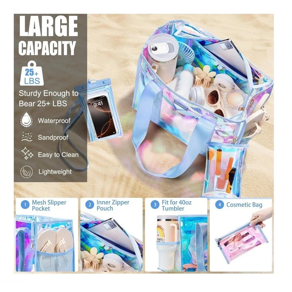 NWT Bagstellar Iridescent Clear Beach Tote Bag 4-Piece Waterproof Phone Kit